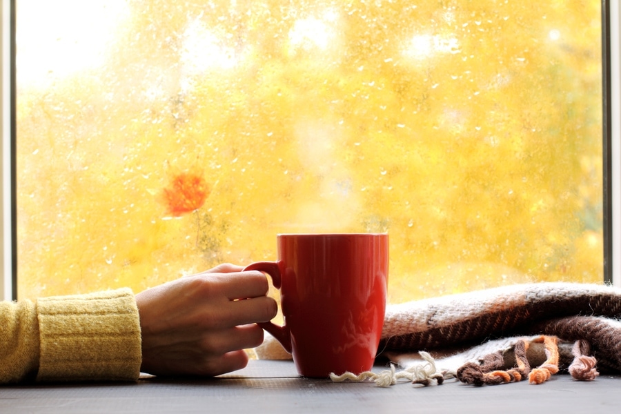 Red cup of coffee in front of a window displaying yellow flowers by the furnace.