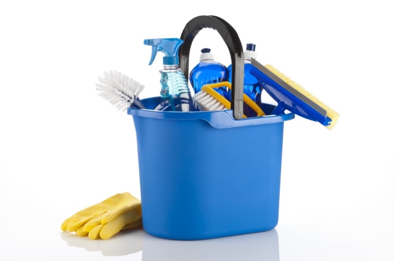 Bucket of cleaning supplies.